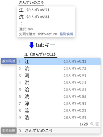 特定の漢字1文字を絞り込んで提示する 漢字絞り込み変換